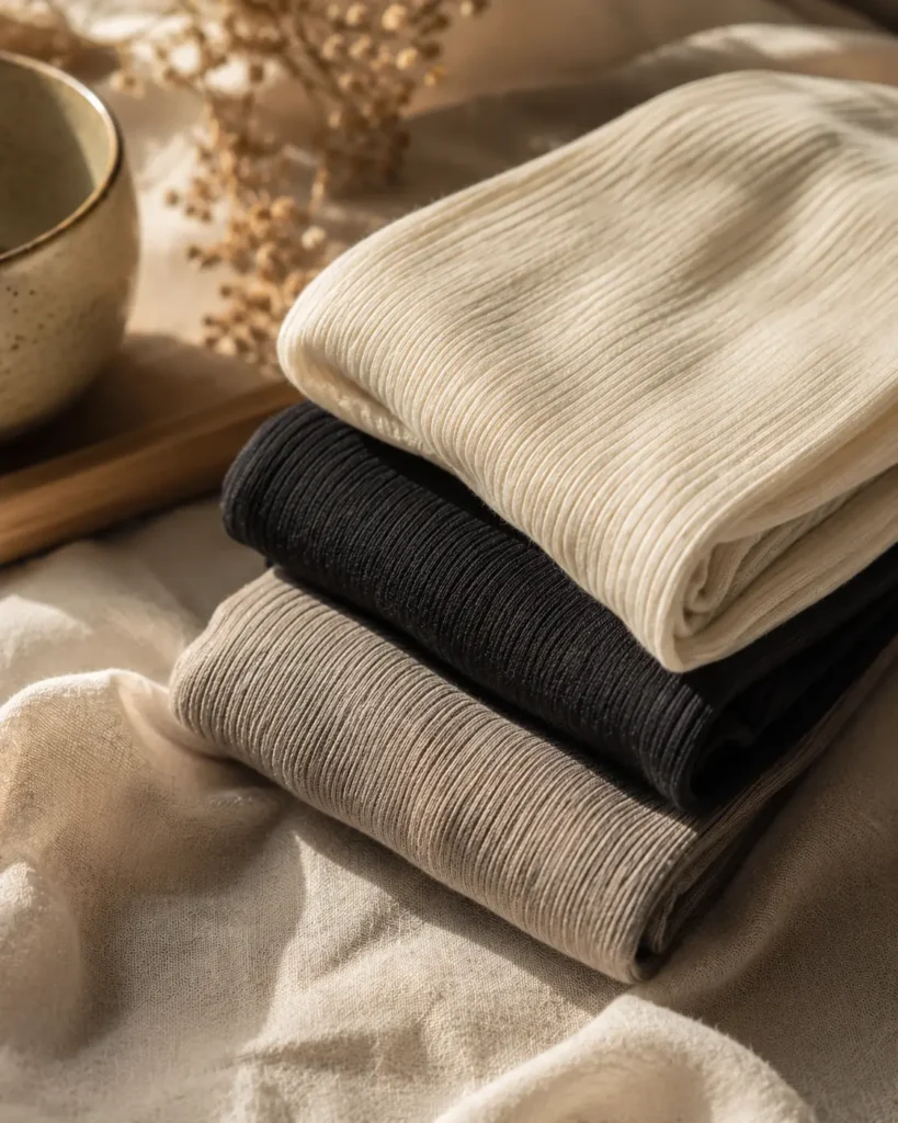 Minimal editorial lifestyle composition featuring soft bamboo comfort crew socks in ivory, black, and beige tones arranged on linen fabric with warm natural lighting.