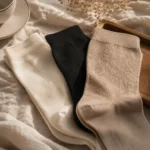 Close-up editorial photograph showing the soft ribbed texture of folded bamboo comfort crew socks in neutral tones.