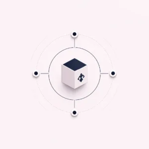 Minimal abstract illustration featuring a central branded product box connected to surrounding commerce nodes. One face of the box displays the Azalja logo.