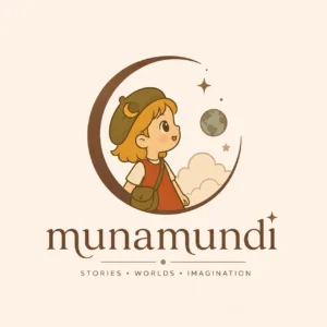 Whimsical illustrated logo featuring a young girl inside a crescent moon for Munamundi storytelling and animation brand.